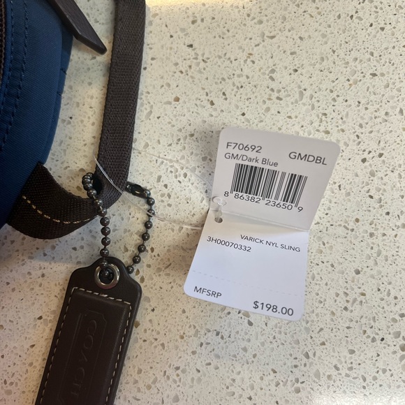 New with Tags Coach Dark Blue Varick Nylon Sling Bag with Brown Leather Trim - Picture 3 of 6